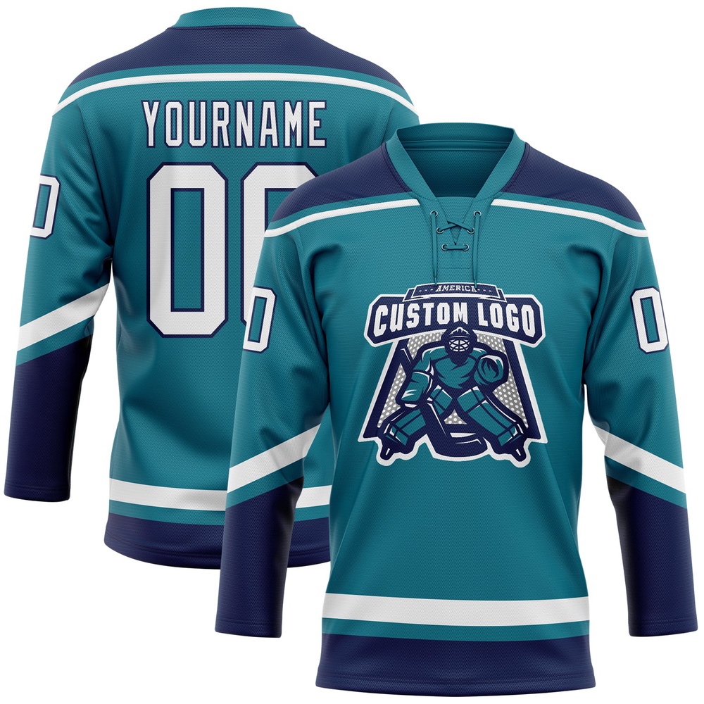 Custom Teal White Navy Hockey Lace Neck Jersey, New Hockey Jersey, Personali Sport Team Jersey Shirt