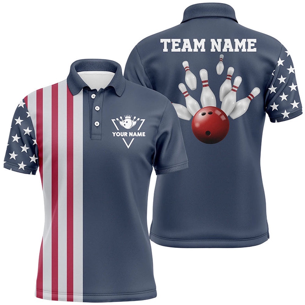 Custom Vintage Bowling Polo Shirts For Men American Flag Patriotic Bowling Team Polo Shirt Blue, Personalized Bowling Team Shirt Custom Vintage Bowling Polo Shirts For Men American Flag Patriotic Bowling Team Polo Shirt Blue, Personalized Bowling Team Shirt