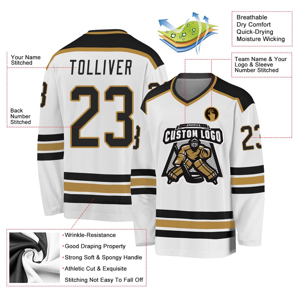 Custom White Black Old Gold Hockey Jersey, New Hockey Jersey, Personali Sport Team Jersey Shirt