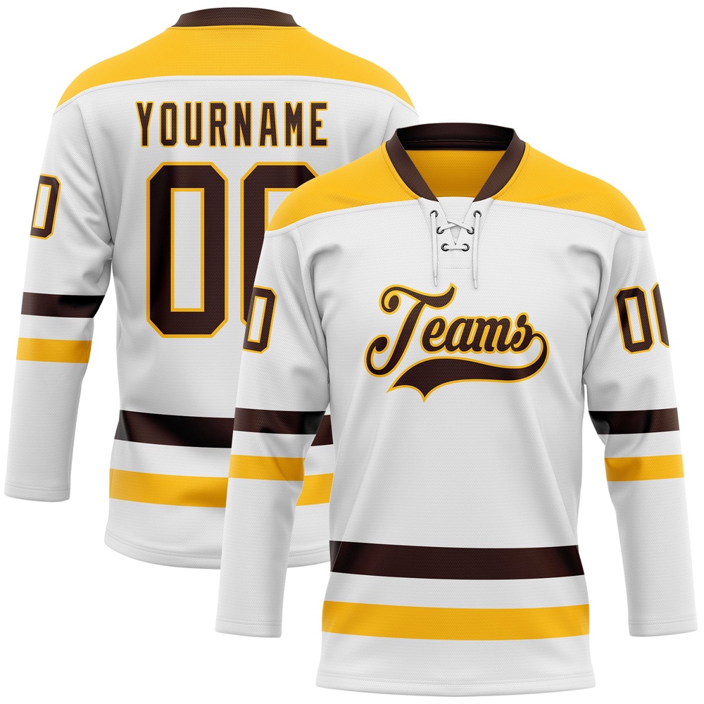 Custom White Brown Gold Hockey Lace Neck Jersey, New Hockey Jersey, Personali Sport Team Jersey Shirt