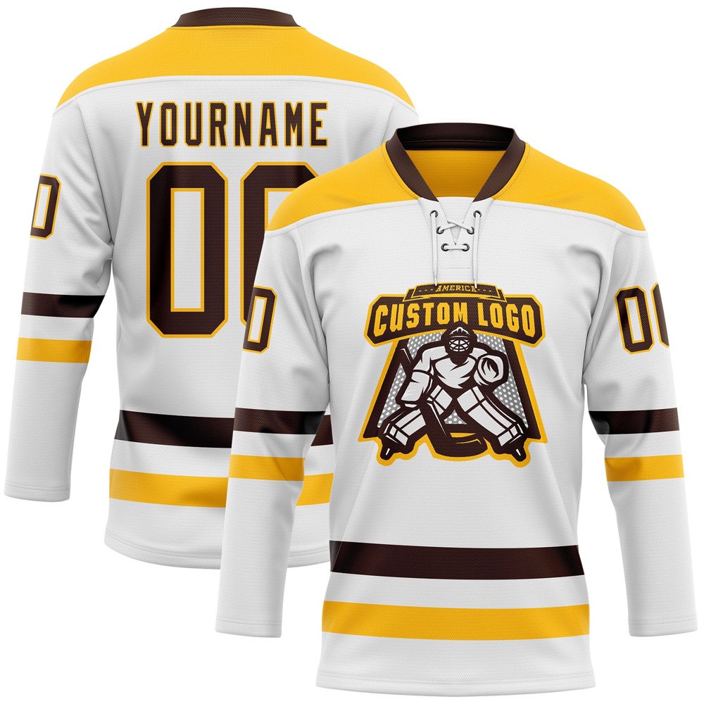 Custom White Brown Gold Hockey Lace Neck Jersey, New Hockey Jersey, Personali Sport Team Jersey Shirt