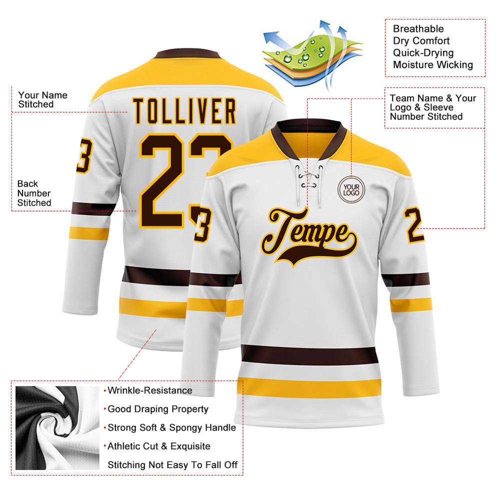 Custom White Brown Gold Hockey Lace Neck Jersey, New Hockey Jersey, Personali Sport Team Jersey Shirt