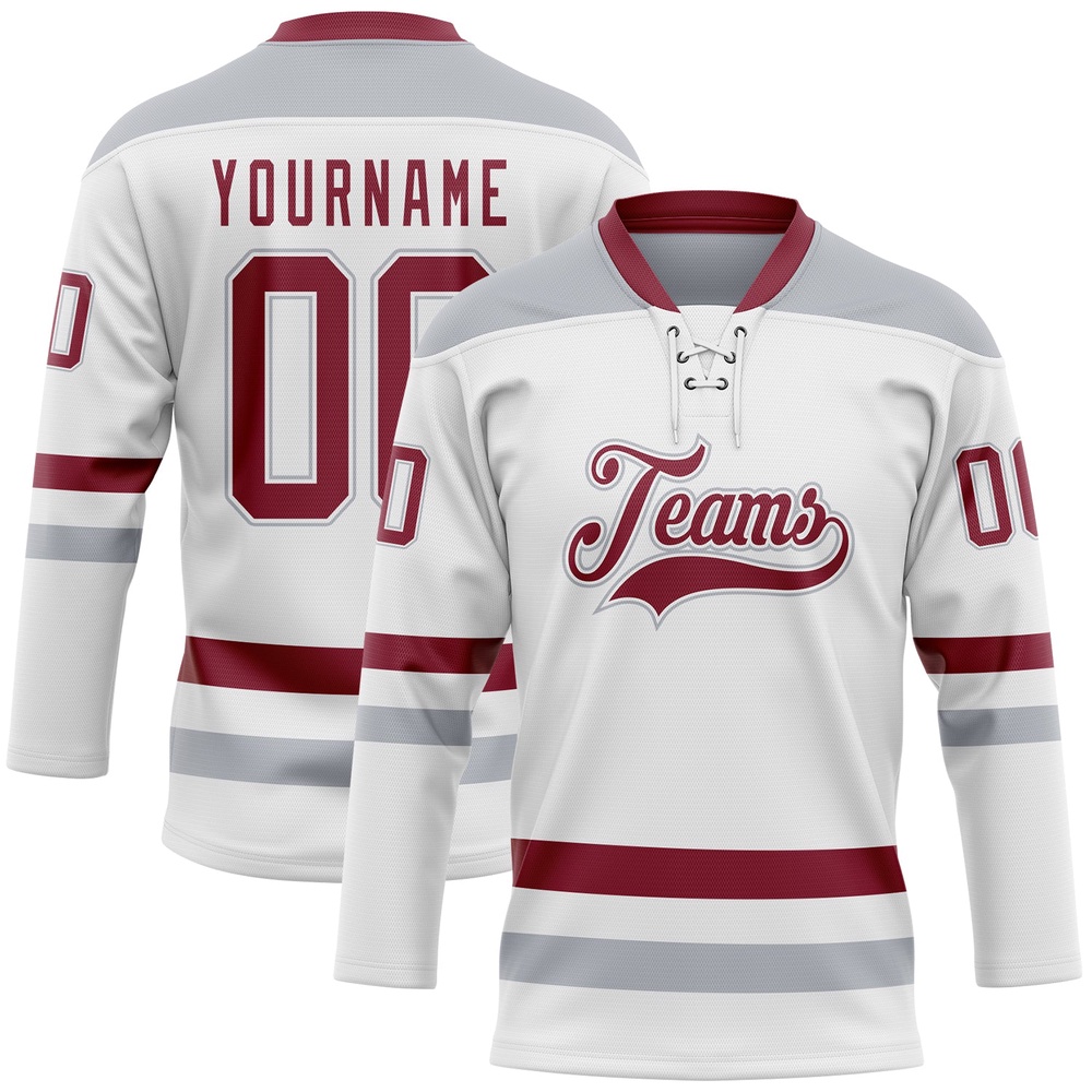 Custom White Crimson Gray Hockey Lace Neck Jersey, New Hockey Jersey, Personali Sport Team Jersey Shirt