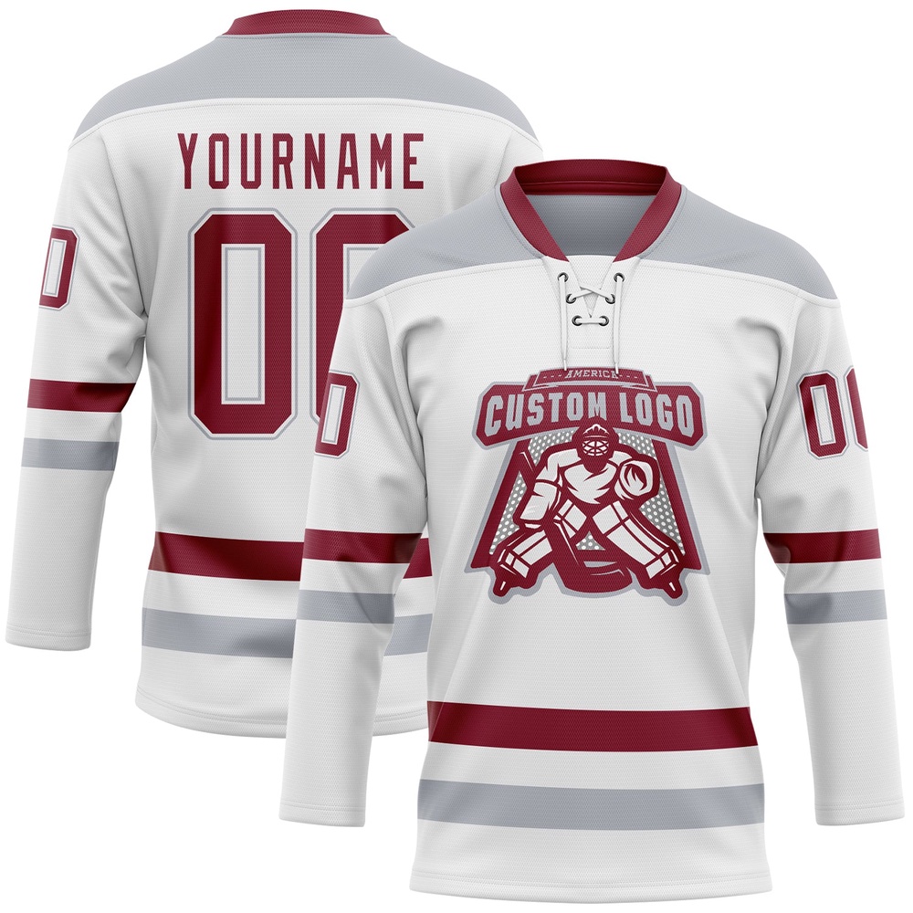 Custom White Crimson Gray Hockey Lace Neck Jersey, New Hockey Jersey, Personali Sport Team Jersey Shirt