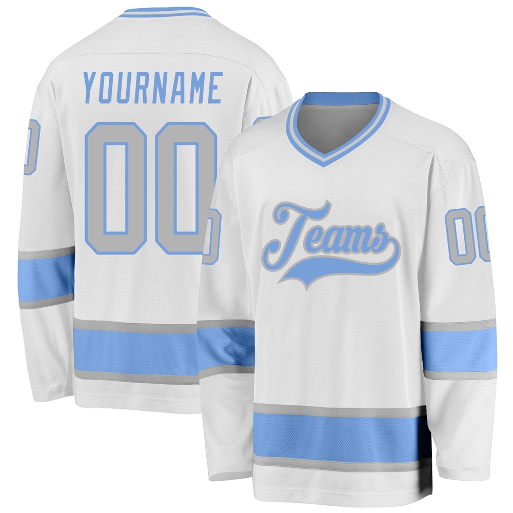 Custom White Gray Light Blue Hockey Jersey, New Hockey Jersey, Personali Sport Team Jersey Shirt Custom White Gray Light Blue Hockey Jersey, New Hockey Jersey, Personali Sport Team Jersey Shirt
