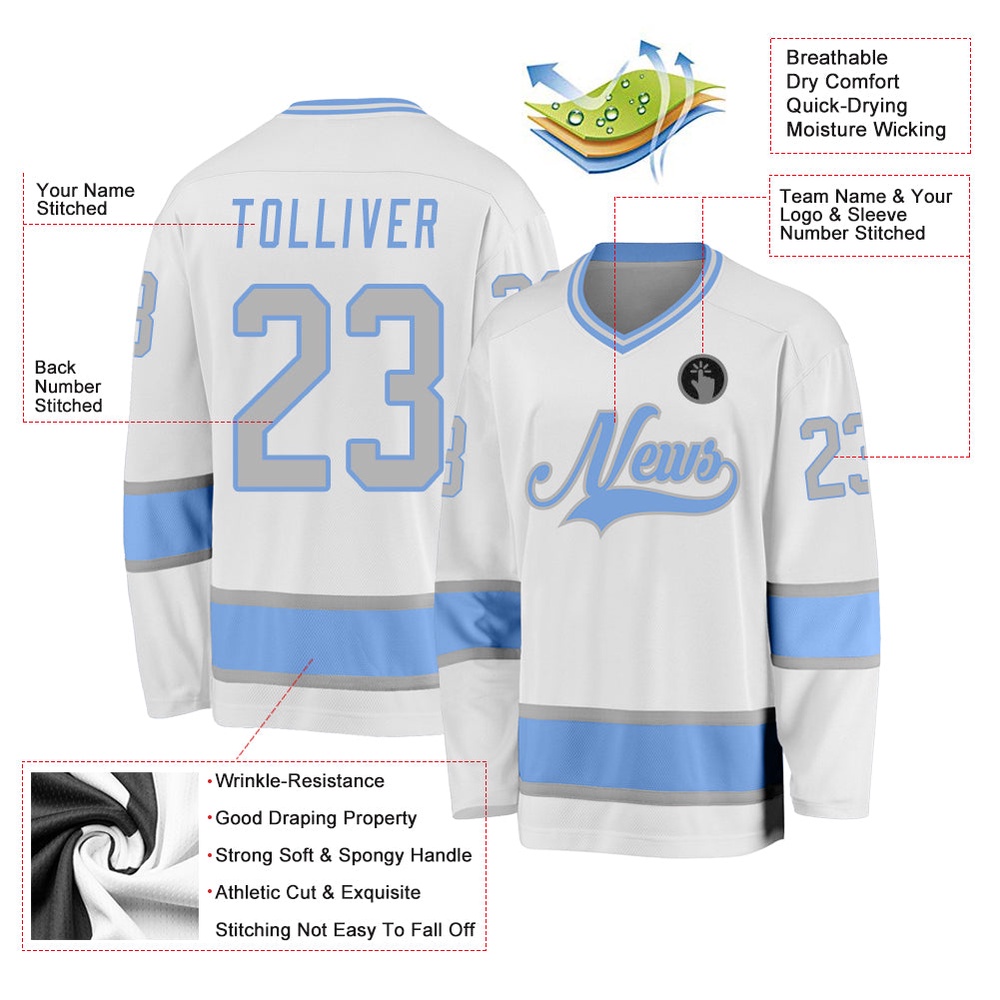 Custom White Gray Light Blue Hockey Jersey, New Hockey Jersey, Personali Sport Team Jersey Shirt Custom White Gray Light Blue Hockey Jersey, New Hockey Jersey, Personali Sport Team Jersey Shirt