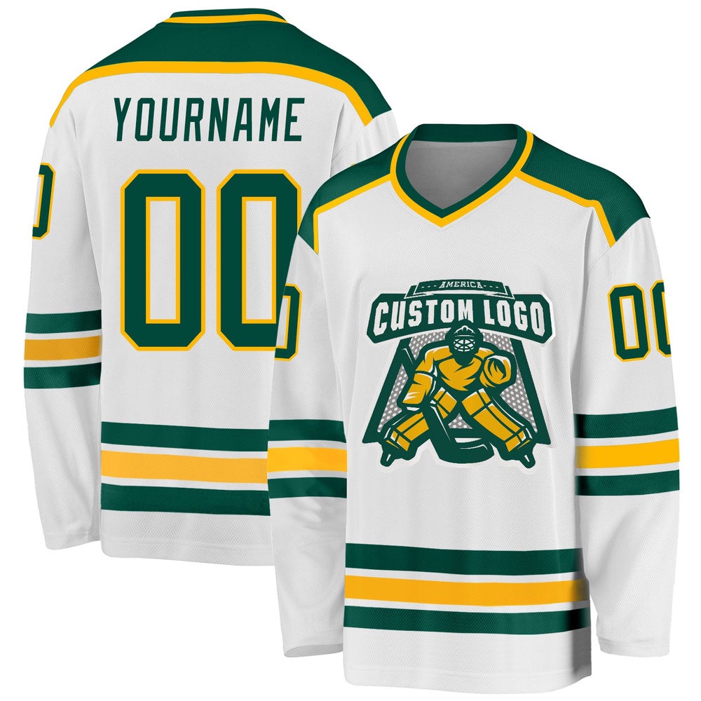 Custom White Green Gold Hockey Jersey, New Hockey Jersey, Personali Sport Team Jersey Shirt Custom White Green Gold Hockey Jersey, New Hockey Jersey, Personali Sport Team Jersey Shirt
