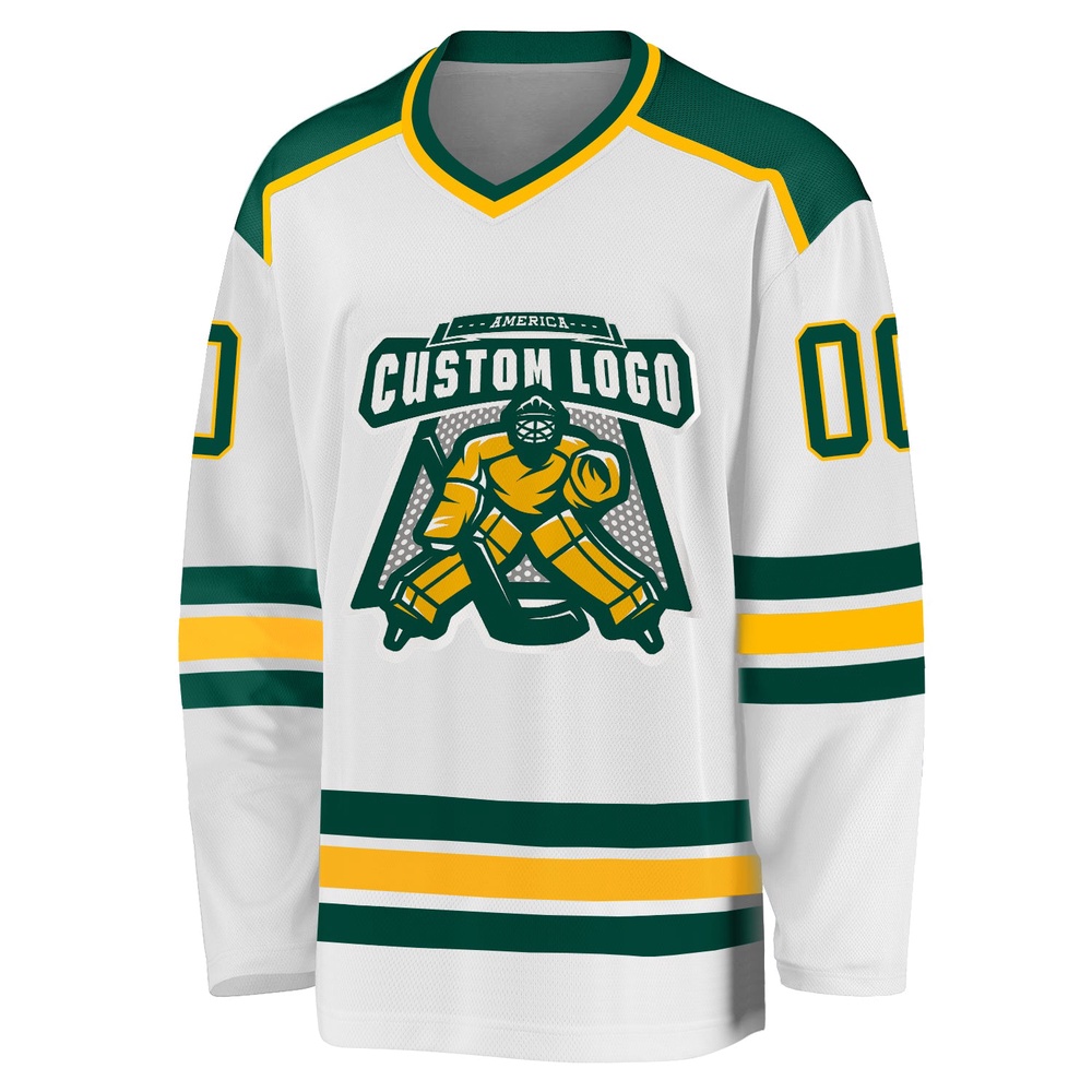Custom White Green Gold Hockey Jersey, New Hockey Jersey, Personali Sport Team Jersey Shirt Custom White Green Gold Hockey Jersey, New Hockey Jersey, Personali Sport Team Jersey Shirt