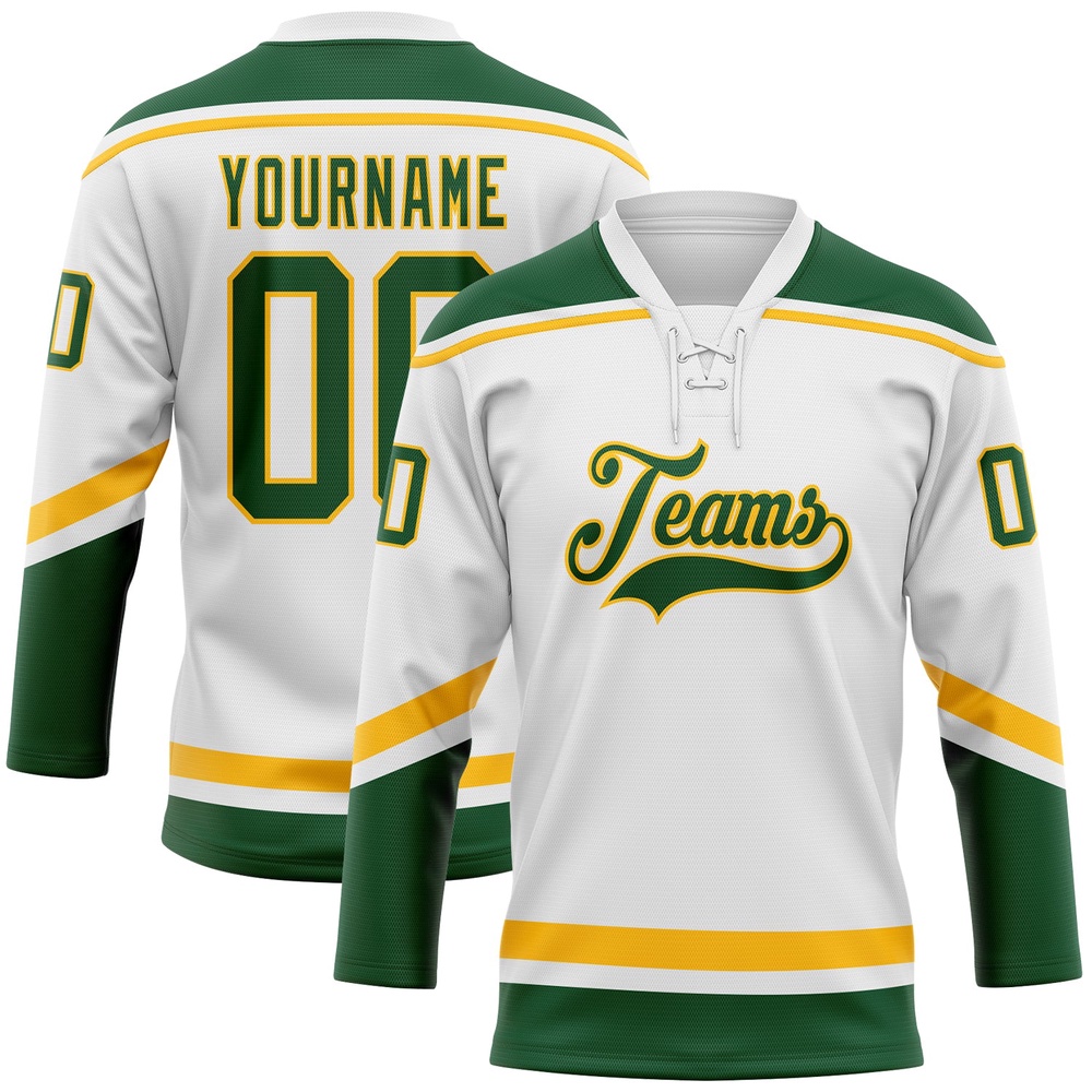 Custom White Green Gold Hockey Lace Neck Jersey, New Hockey Jersey, Personali Sport Team Jersey Shirt