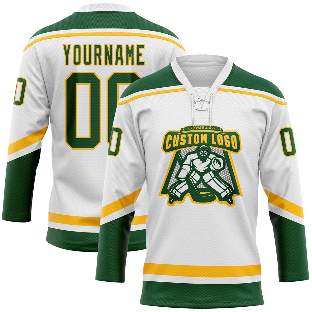 Custom White Green Gold Hockey Lace Neck Jersey, New Hockey Jersey, Personali Sport Team Jersey Shirt