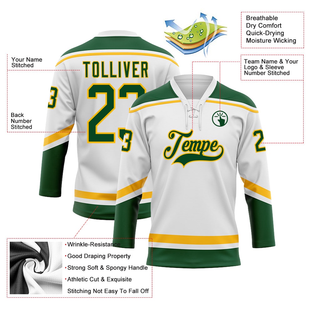 Custom White Green Gold Hockey Lace Neck Jersey, New Hockey Jersey, Personali Sport Team Jersey Shirt