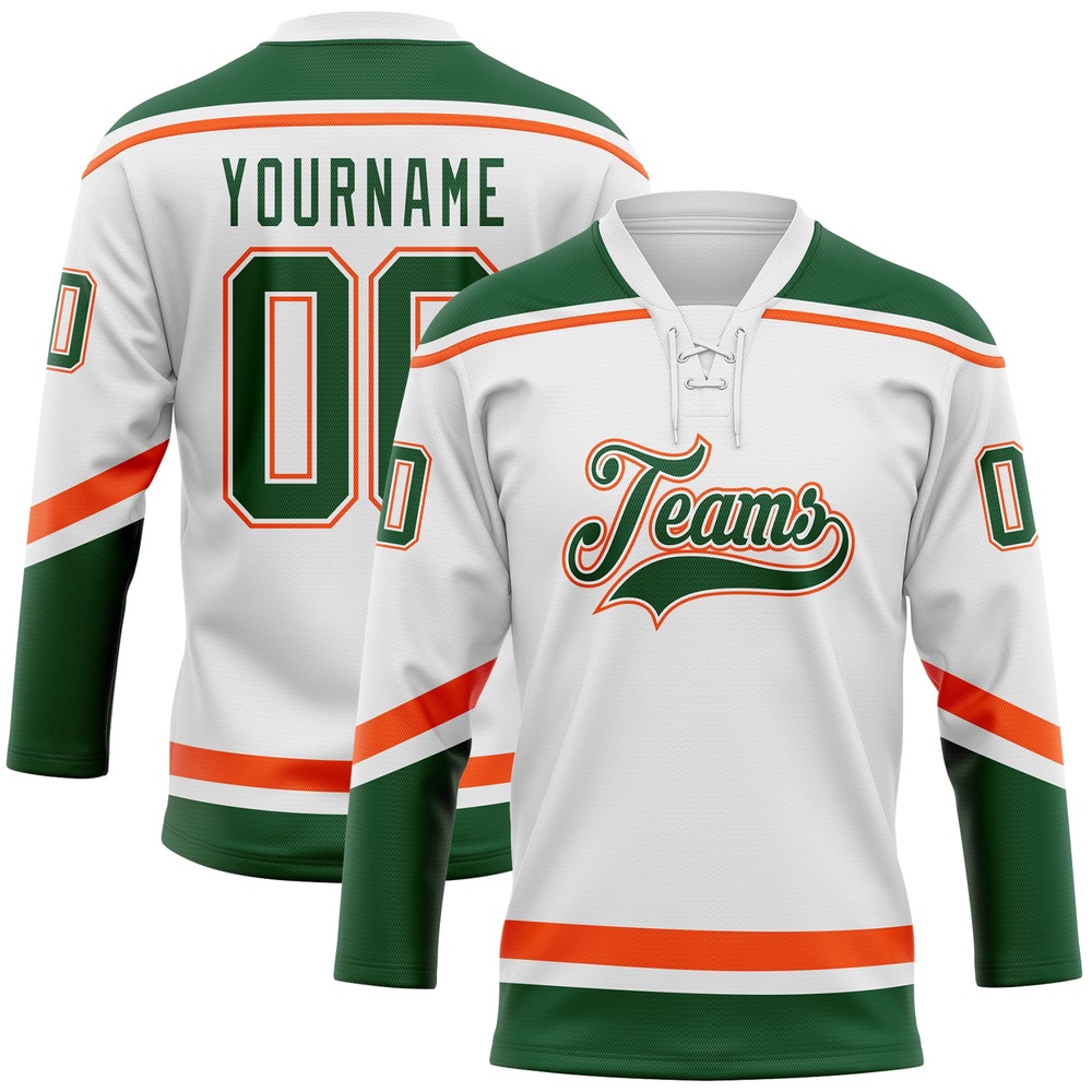 Custom White Green Orange Hockey Lace Neck Jersey, New Hockey Jersey, Personali Sport Team Jersey Shirt
