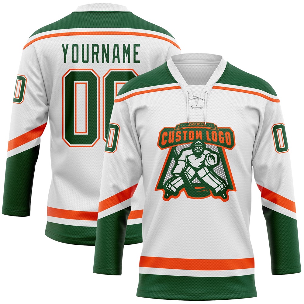 Custom White Green Orange Hockey Lace Neck Jersey, New Hockey Jersey, Personali Sport Team Jersey Shirt