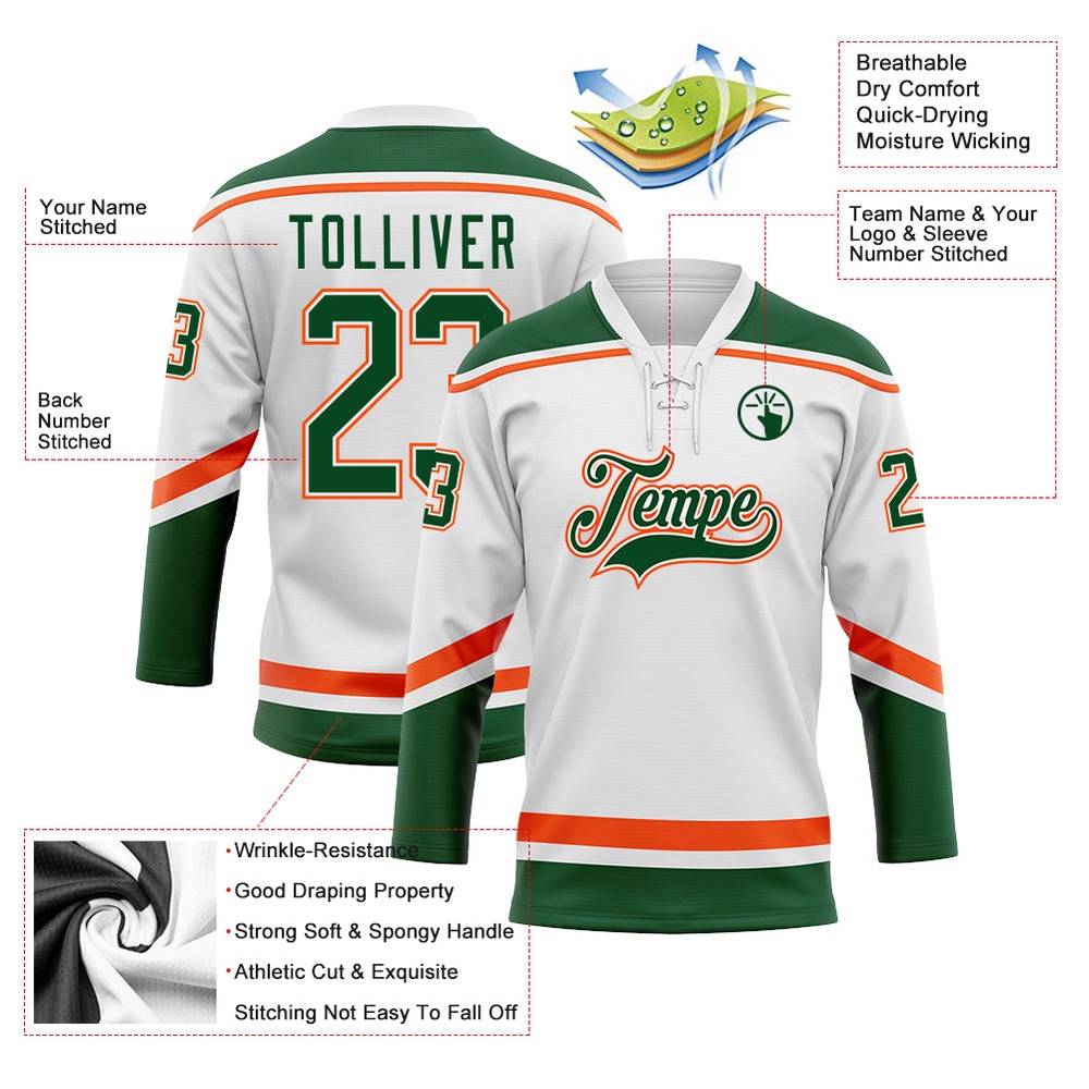 Custom White Green Orange Hockey Lace Neck Jersey, New Hockey Jersey, Personali Sport Team Jersey Shirt