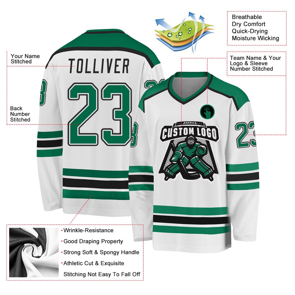 Custom White Kelly Green Black Hockey Jersey, New Hockey Jersey, Personali Sport Team Jersey Shirt Custom White Kelly Green Black Hockey Jersey, New Hockey Jersey, Personali Sport Team Jersey Shirt