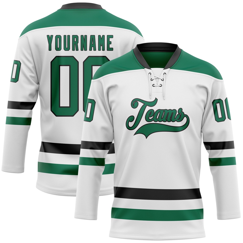Custom White Kelly Green Black Hockey Lace Neck Jersey, New Hockey Jersey, Personali Sport Team Jersey Shirt