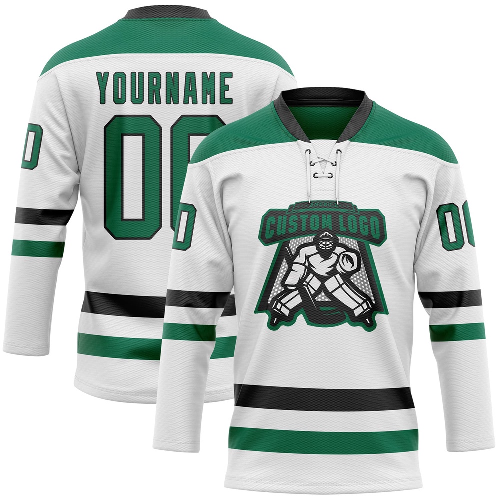 Custom White Kelly Green Black Hockey Lace Neck Jersey, New Hockey Jersey, Personali Sport Team Jersey Shirt
