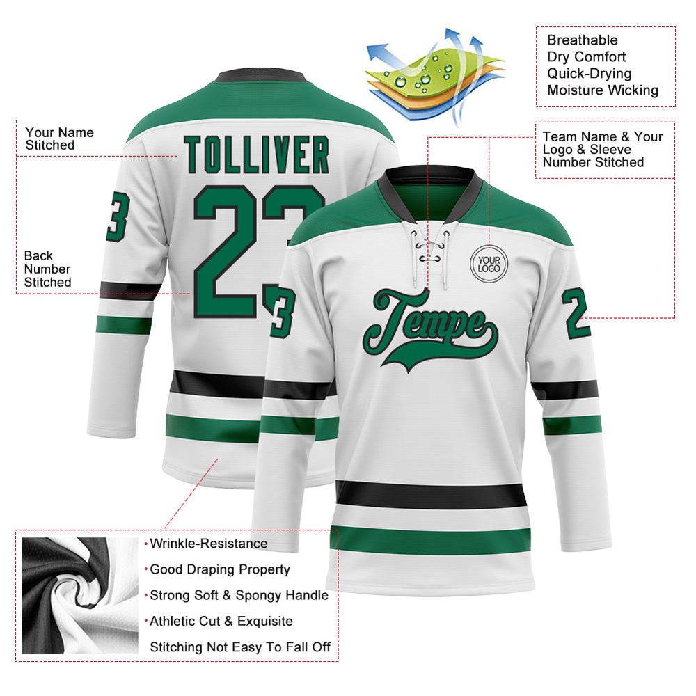 Custom White Kelly Green Black Hockey Lace Neck Jersey, New Hockey Jersey, Personali Sport Team Jersey Shirt