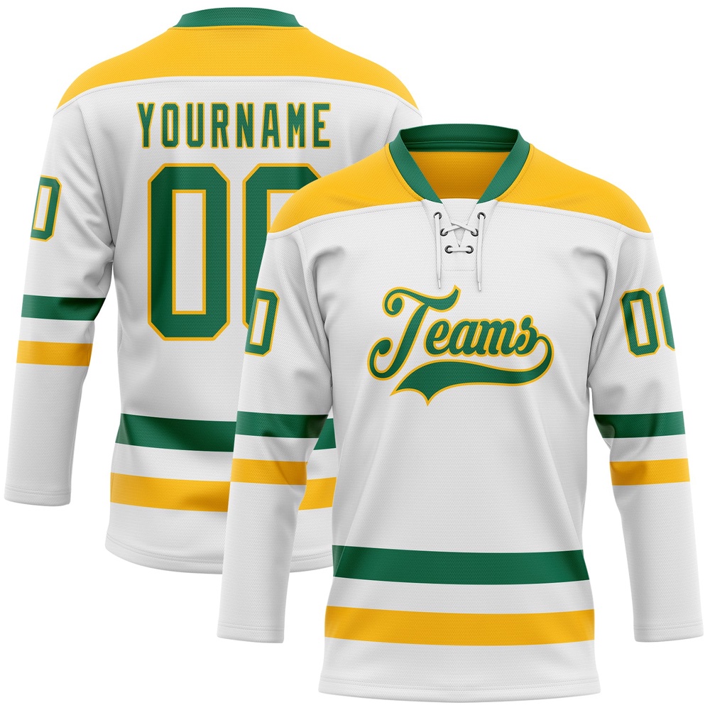 Custom White Kelly Green Gold Hockey Lace Neck Jersey, New Hockey Jersey, Personali Sport Team Jersey Shirt