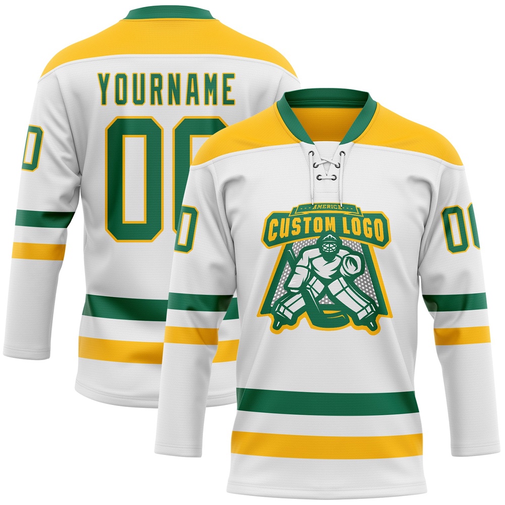 Custom White Kelly Green Gold Hockey Lace Neck Jersey, New Hockey Jersey, Personali Sport Team Jersey Shirt
