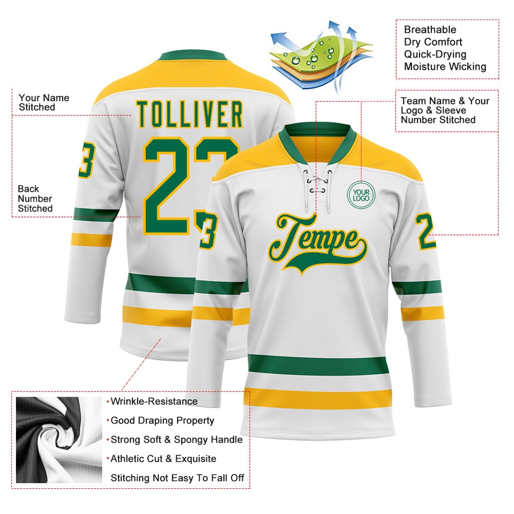 Custom White Kelly Green Gold Hockey Lace Neck Jersey, New Hockey Jersey, Personali Sport Team Jersey Shirt