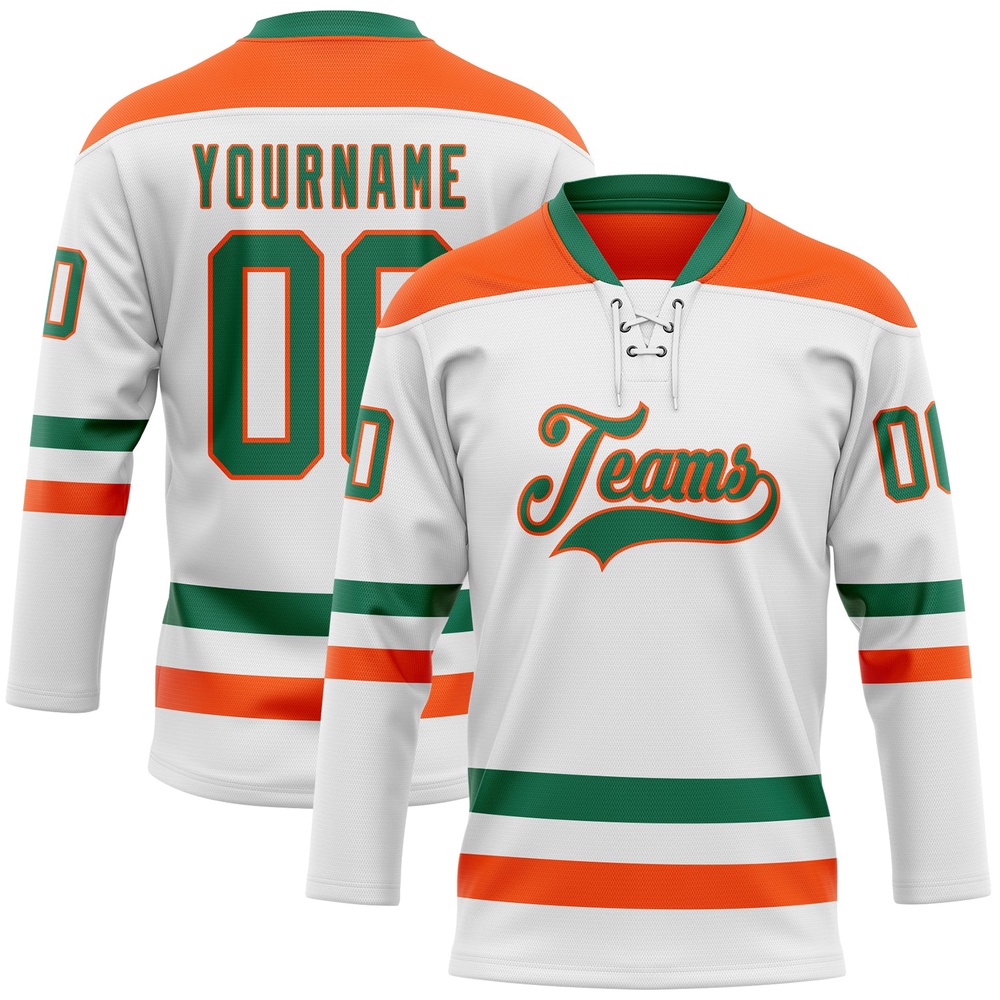 Custom White Kelly Green Orange Hockey Lace Neck Jersey, New Hockey Jersey, Personali Sport Team Jersey Shirt
