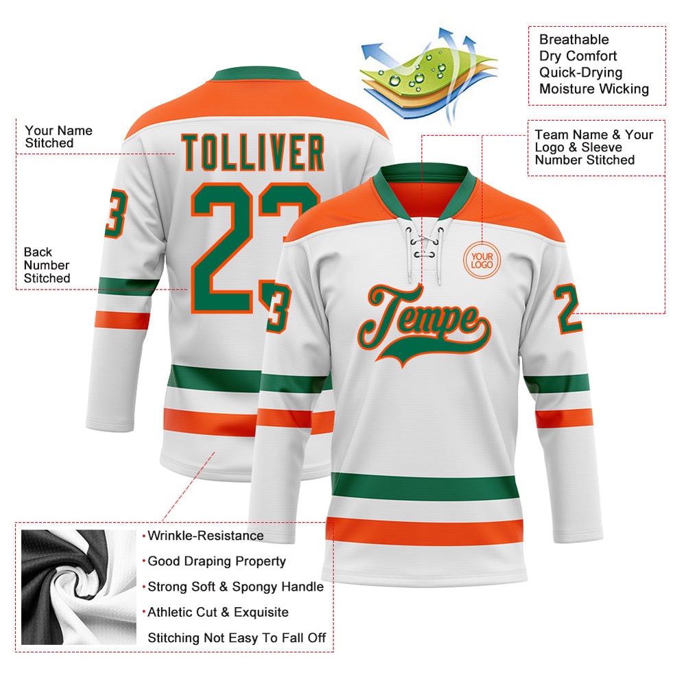 Custom White Kelly Green Orange Hockey Lace Neck Jersey, New Hockey Jersey, Personali Sport Team Jersey Shirt