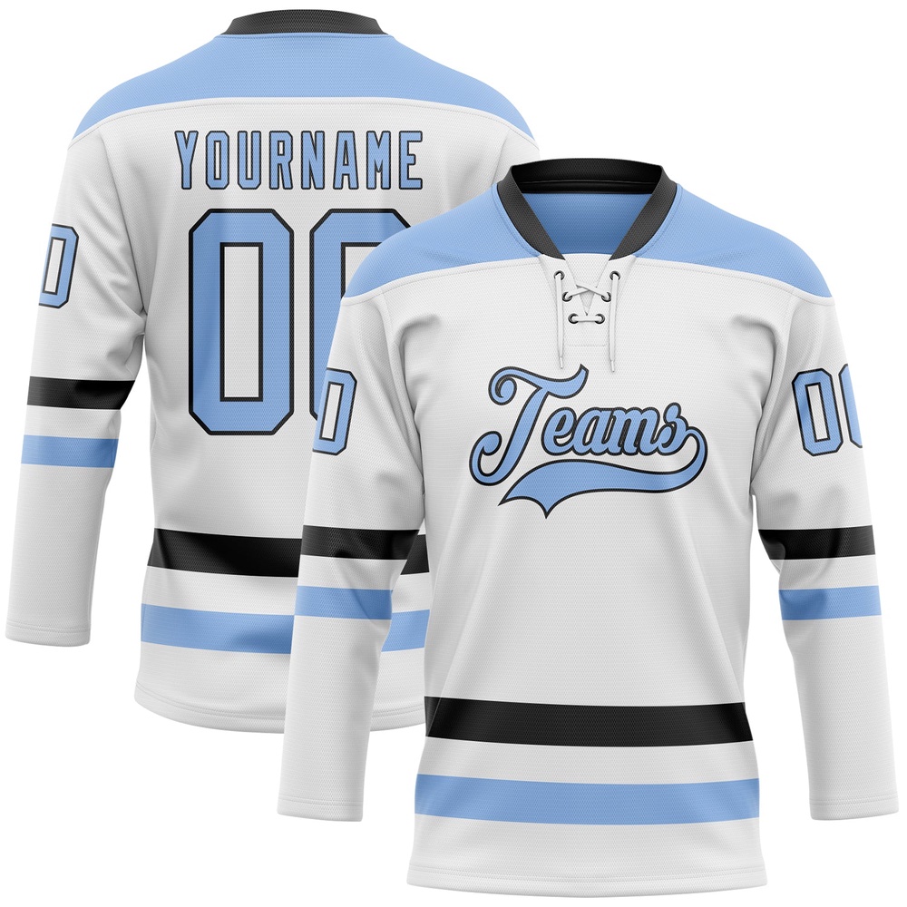 Custom White Light Blue Black Hockey Lace Neck Jersey, New Hockey Jersey, Personali Sport Team Jersey Shirt