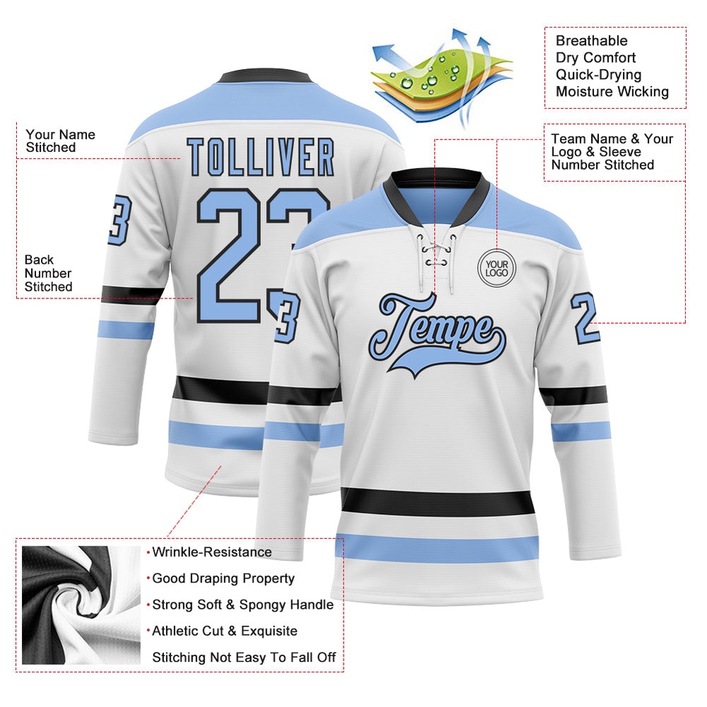 Custom White Light Blue Black Hockey Lace Neck Jersey, New Hockey Jersey, Personali Sport Team Jersey Shirt