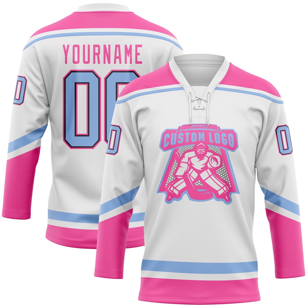 Custom White Light Blue Black Pink Hockey Lace Neck Jersey, New Hockey Jersey, Personali Sport Team Jersey Shirt