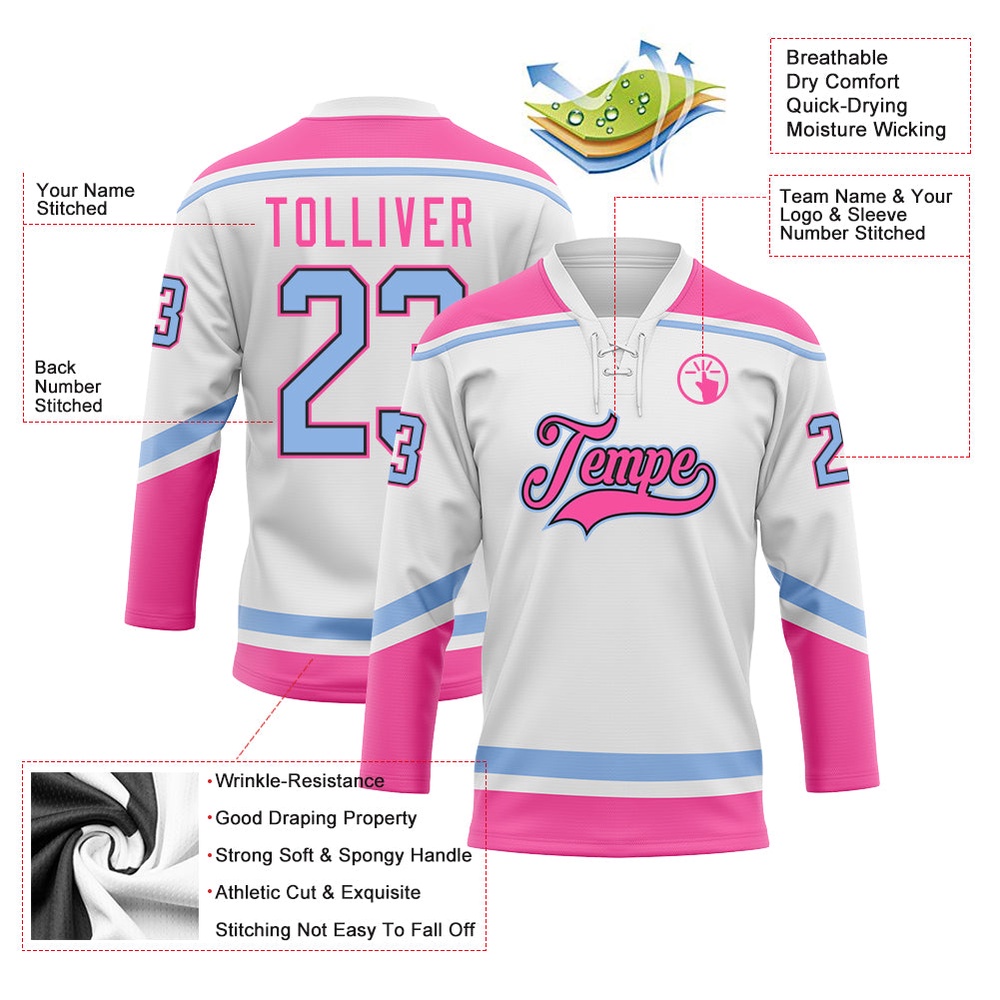 Custom White Light Blue Black Pink Hockey Lace Neck Jersey, New Hockey Jersey, Personali Sport Team Jersey Shirt
