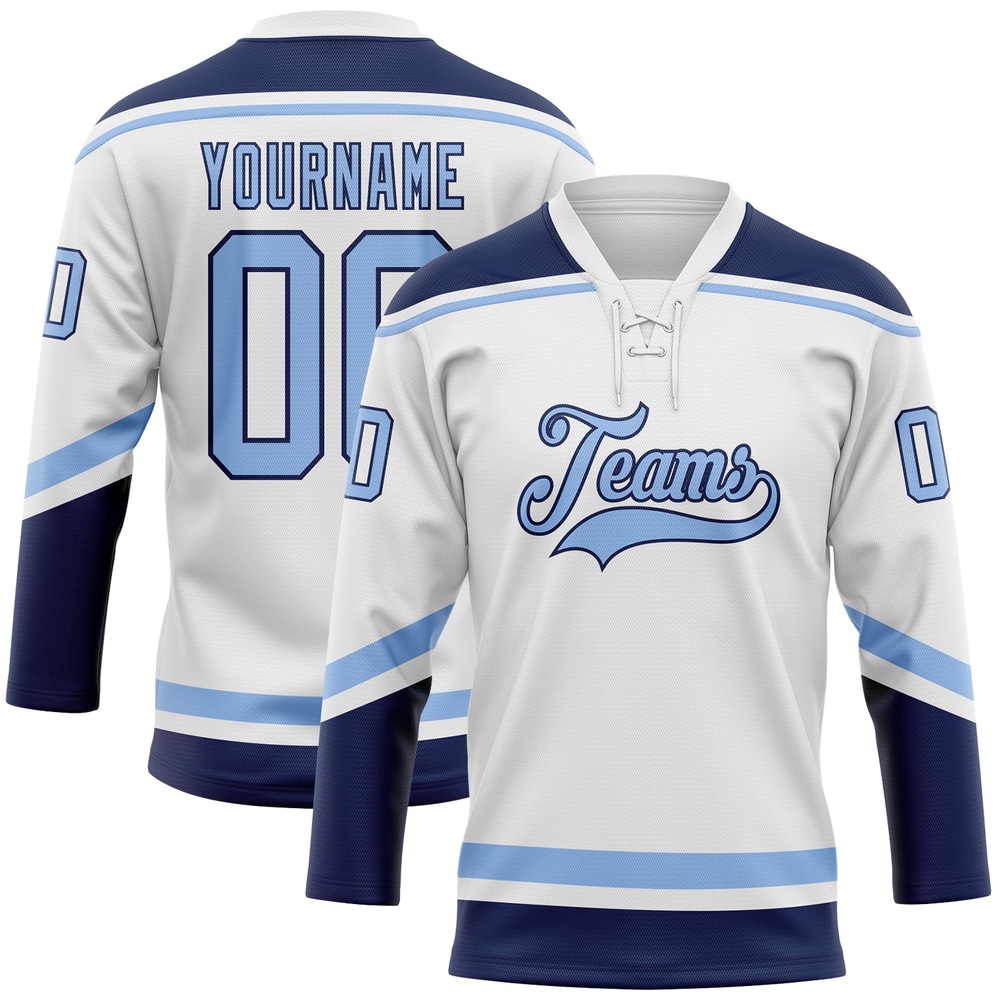 Custom White Light Blue Navy Hockey Lace Neck Jersey, New Hockey Jersey, Personali Sport Team Jersey Shirt Custom White Light Blue Navy Hockey Lace Neck Jersey, New Hockey Jersey, Personali Sport Team Jersey Shirt