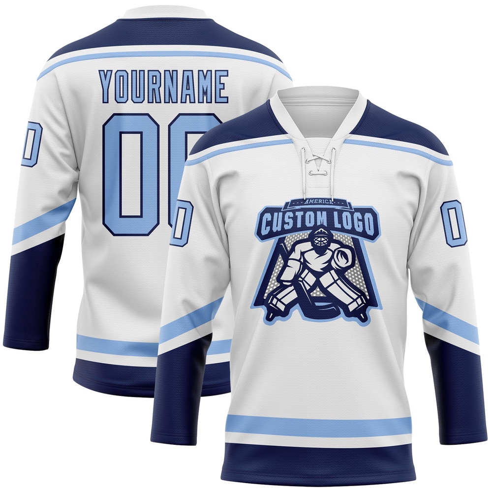 Custom White Light Blue Navy Hockey Lace Neck Jersey, New Hockey Jersey, Personali Sport Team Jersey Shirt Custom White Light Blue Navy Hockey Lace Neck Jersey, New Hockey Jersey, Personali Sport Team Jersey Shirt