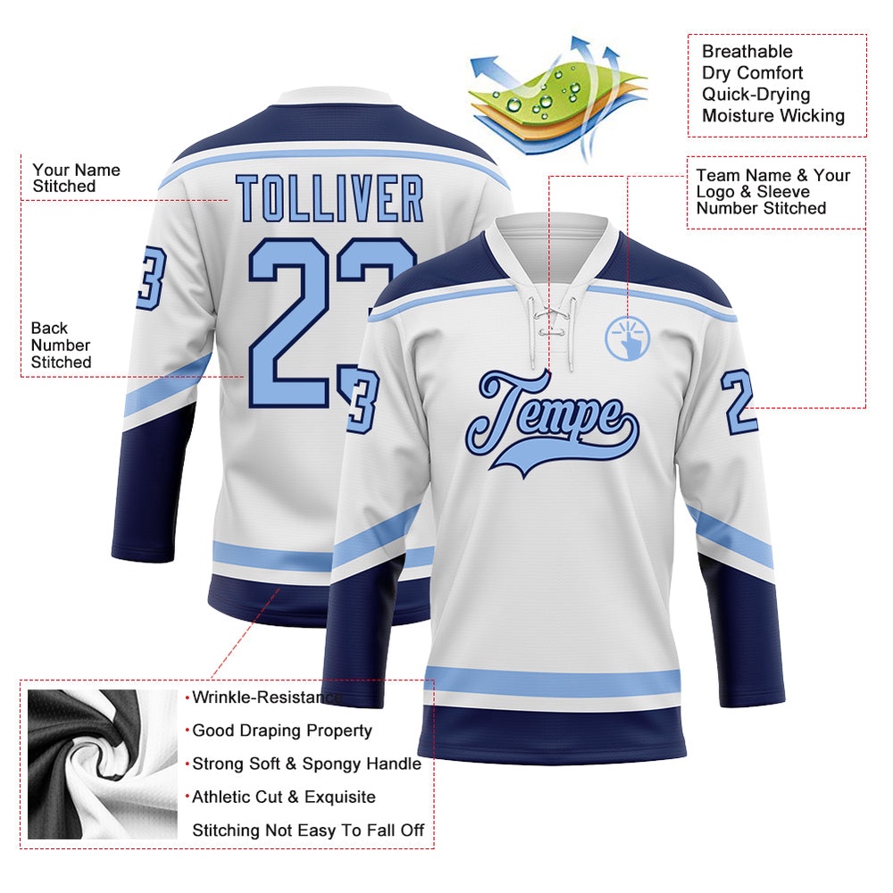 Custom White Light Blue Navy Hockey Lace Neck Jersey, New Hockey Jersey, Personali Sport Team Jersey Shirt Custom White Light Blue Navy Hockey Lace Neck Jersey, New Hockey Jersey, Personali Sport Team Jersey Shirt