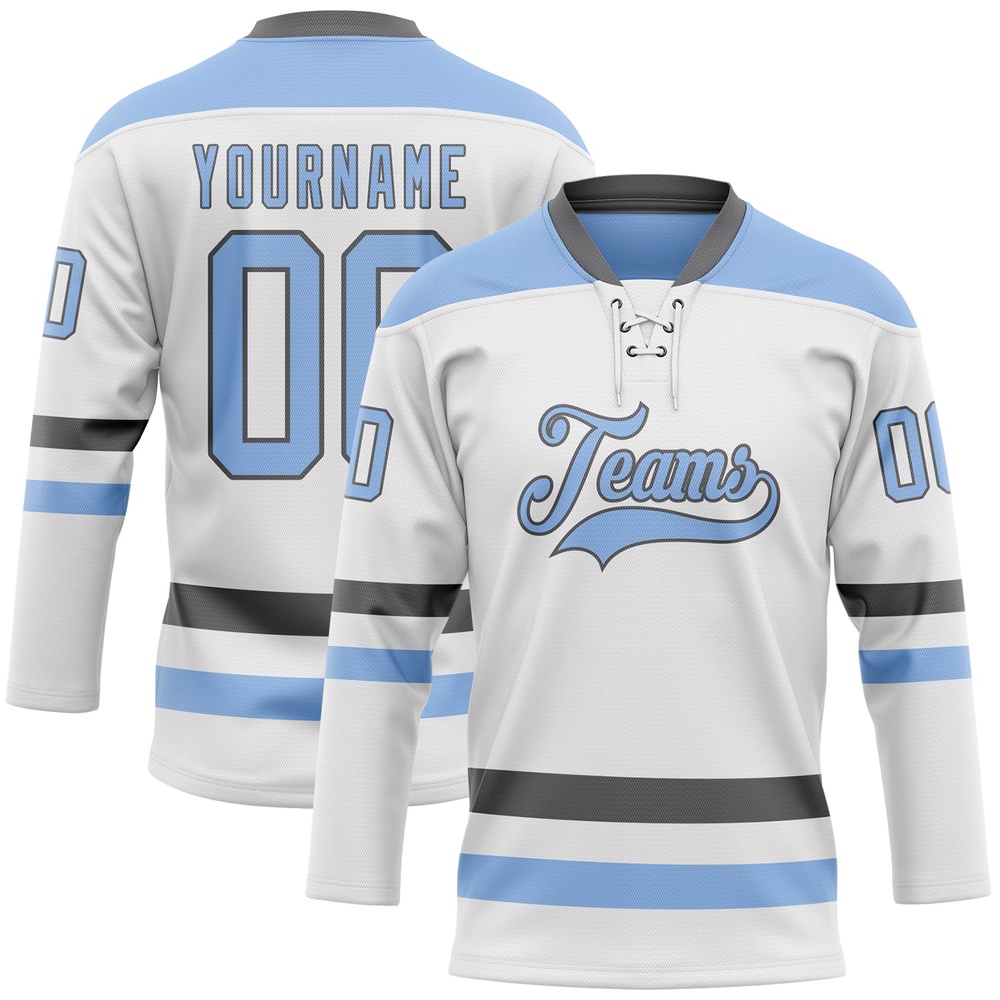 Custom White Light Blue Steel Gray Hockey Lace Neck Jersey, New Hockey Jersey, Personali Sport Team Jersey Shirt