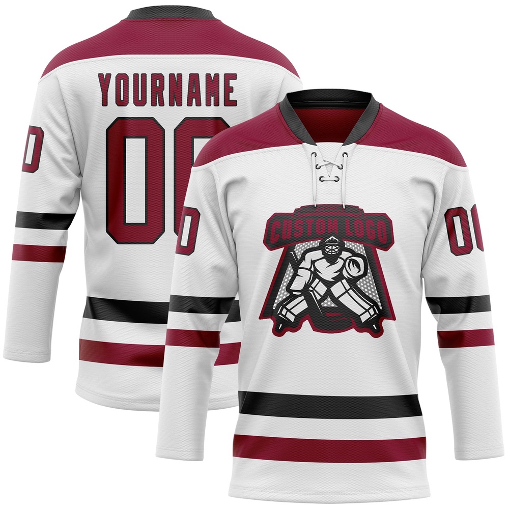 Custom White Maroon Black Hockey Lace Neck Jersey, New Hockey Jersey, Personali Sport Team Jersey Shirt