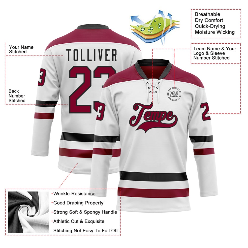 Custom White Maroon Black Hockey Lace Neck Jersey, New Hockey Jersey, Personali Sport Team Jersey Shirt