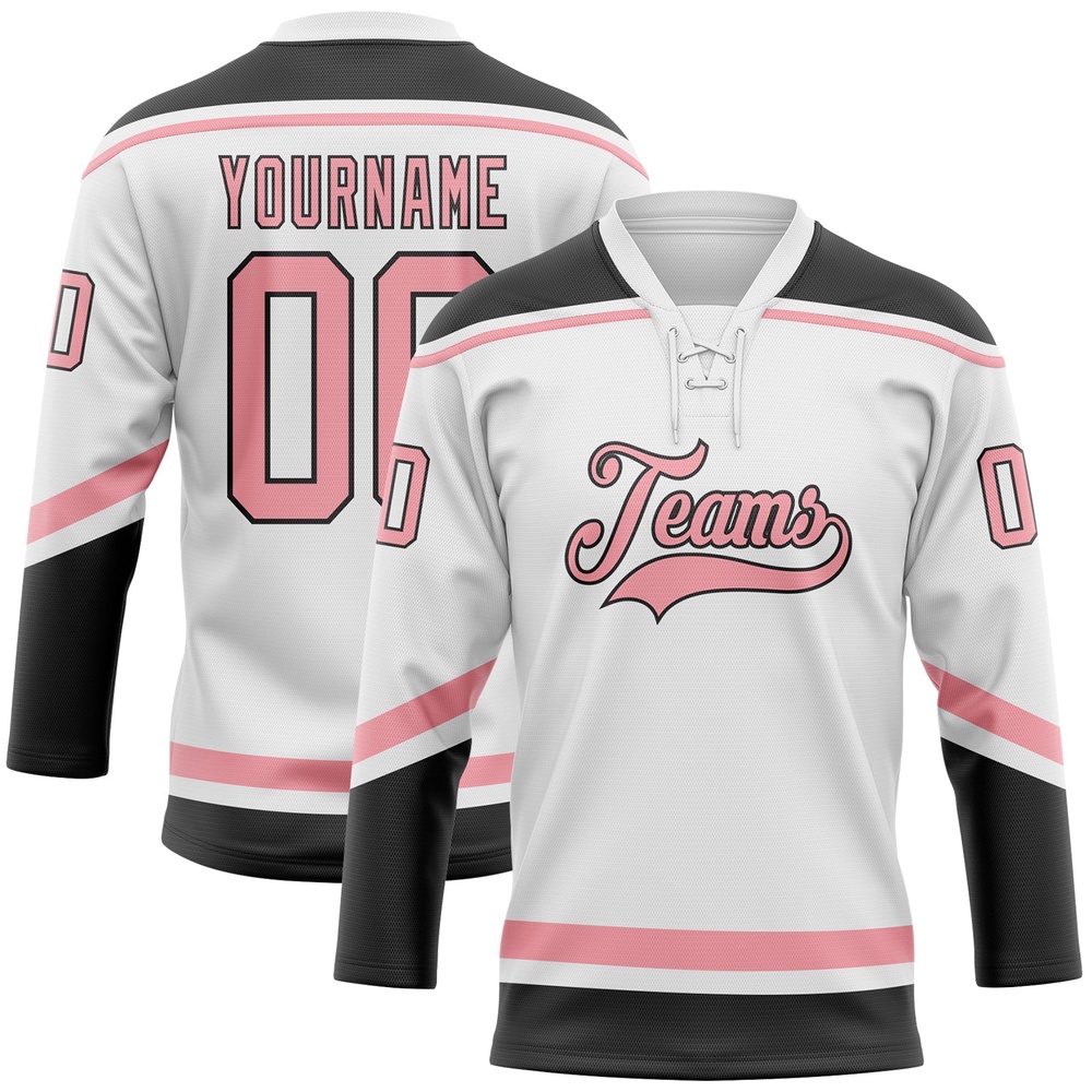 Custom White Medium Pink Black Hockey Lace Neck Jersey, New Hockey Jersey, Personali Sport Team Jersey Shirt