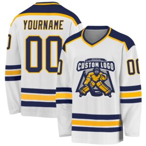 Custom White Navy Gold Hockey Jersey, New…