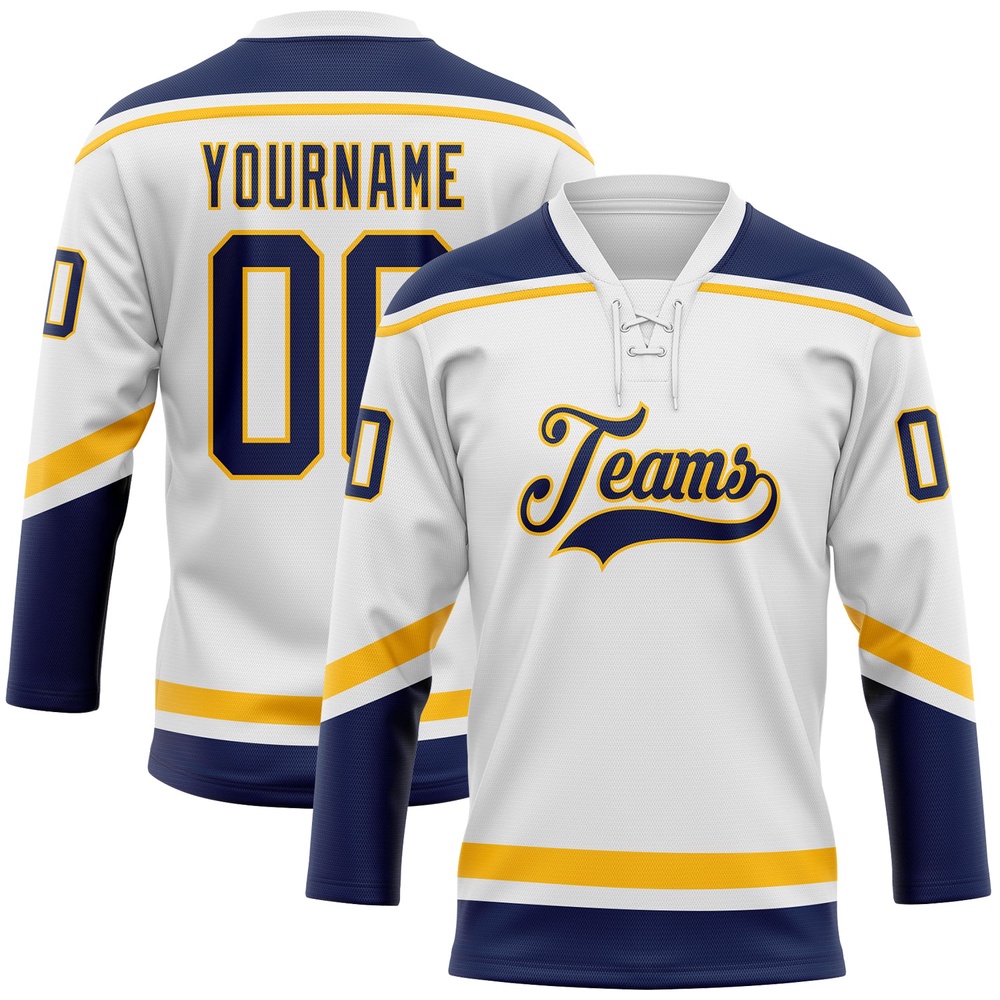Custom White Navy Gold Hockey Lace Neck Jersey, New Hockey Jersey, Personali Sport Team Jersey Shirt