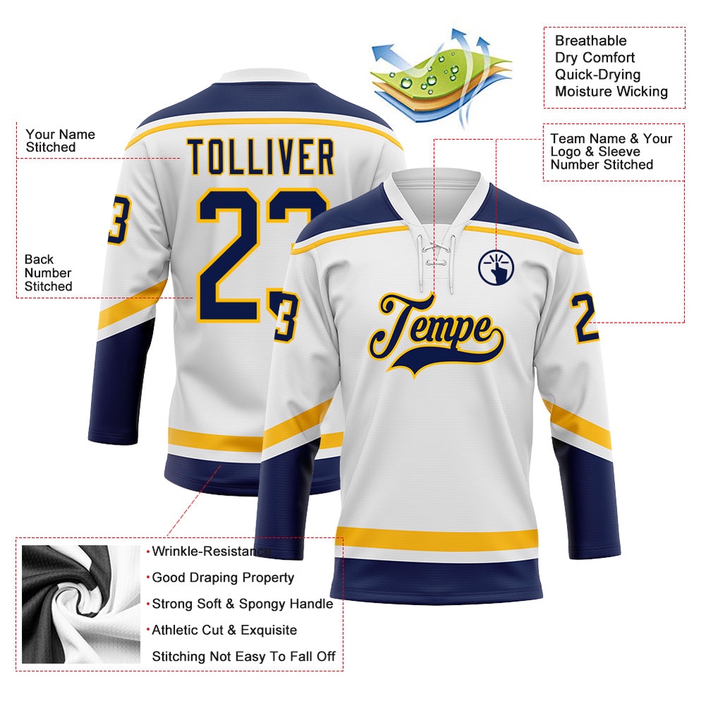 Custom White Navy Gold Hockey Lace Neck Jersey, New Hockey Jersey, Personali Sport Team Jersey Shirt