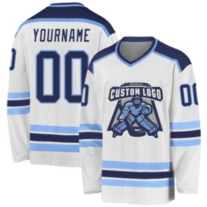 Custom White Navy Light Blue Hockey Jersey,…