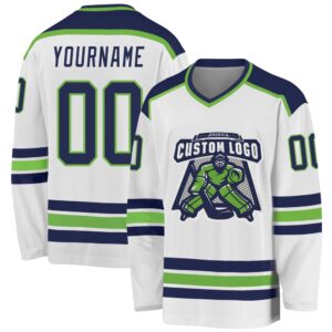 Custom White Navy Neon Green Hockey Jersey,…