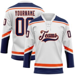 Custom White Navy Orange Hockey Lace Neck…