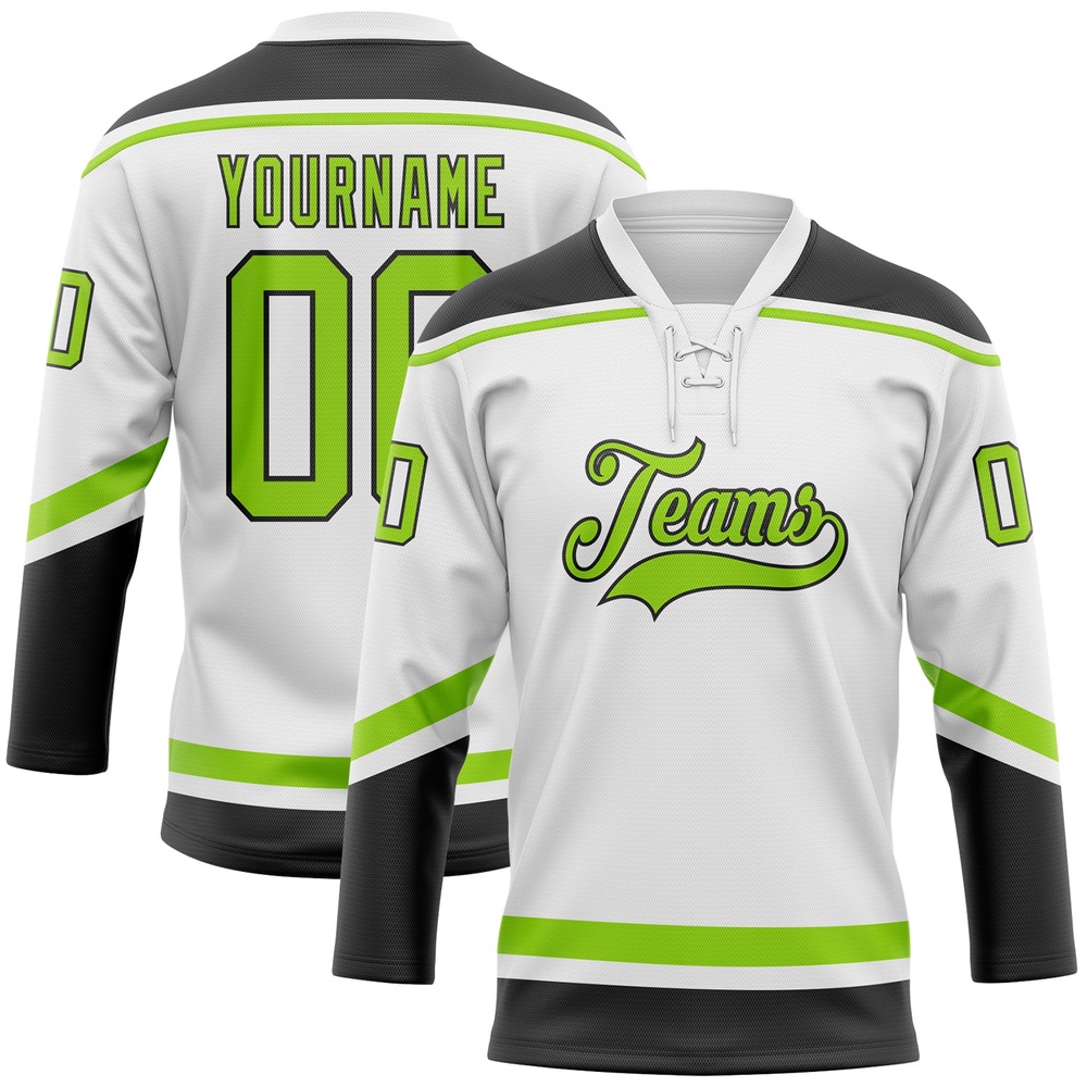 Custom White Neon Green Black Hockey Lace Neck Jersey, New Hockey Jersey, Personali Sport Team Jersey Shirt