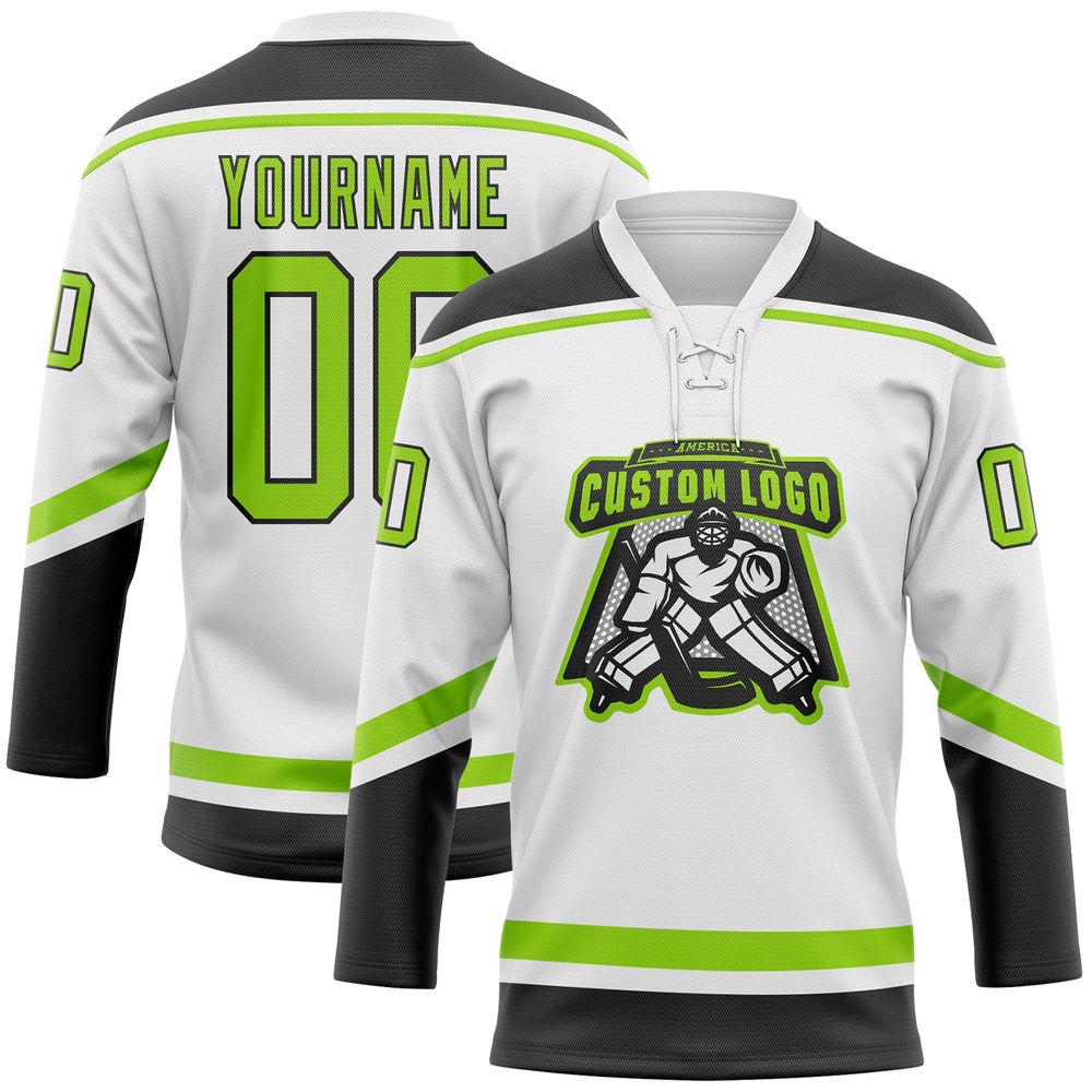 Custom White Neon Green Black Hockey Lace Neck Jersey, New Hockey Jersey, Personali Sport Team Jersey Shirt