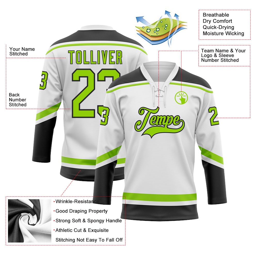 Custom White Neon Green Black Hockey Lace Neck Jersey, New Hockey Jersey, Personali Sport Team Jersey Shirt