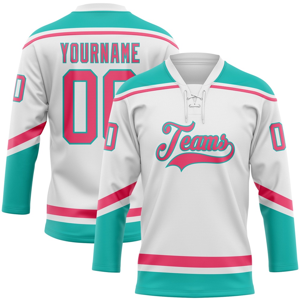 Custom White Neon Pink Aqua Hockey Lace Neck Jersey, New Hockey Jersey, Personali Sport Team Jersey Shirt