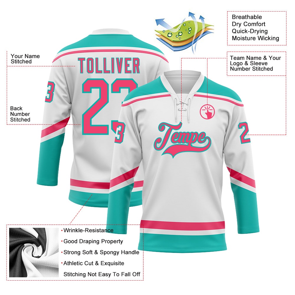 Custom White Neon Pink Aqua Hockey Lace Neck Jersey, New Hockey Jersey, Personali Sport Team Jersey Shirt