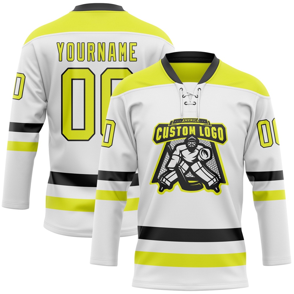 Custom White Neon Yellow Black Hockey Lace Neck Jersey, New Hockey Jersey, Personali Sport Team Jersey Shirt